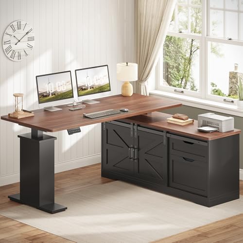 Black L Shaped Standing Desk with Storage Drawers and Power Outlets K62772