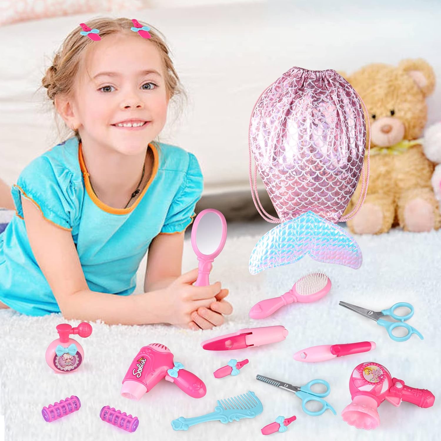 Kids Hair Salon Toy Set with Hair Dryer Hair Curler and Beauty Accessories J959