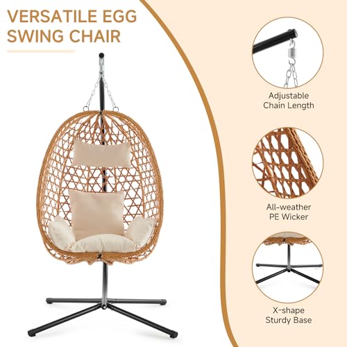 Brown Wicker Hanging Egg Chair with Stand and Cushion D745