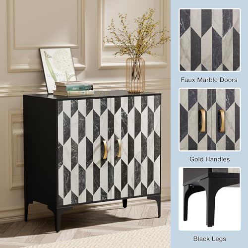 Black 2 Packs Sideboard with 4 Faux Marble Doors and Gold Handles, 27.6 X 15.75 X 31.5 Inches V781