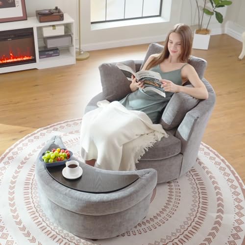 White Large Swivel Accent Barrel Chair with Ottoman S33878