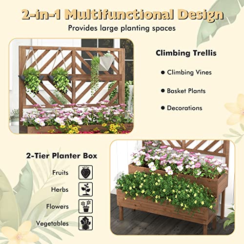 2-Tier Raised Wooden Garden Bed with Trellis X916419