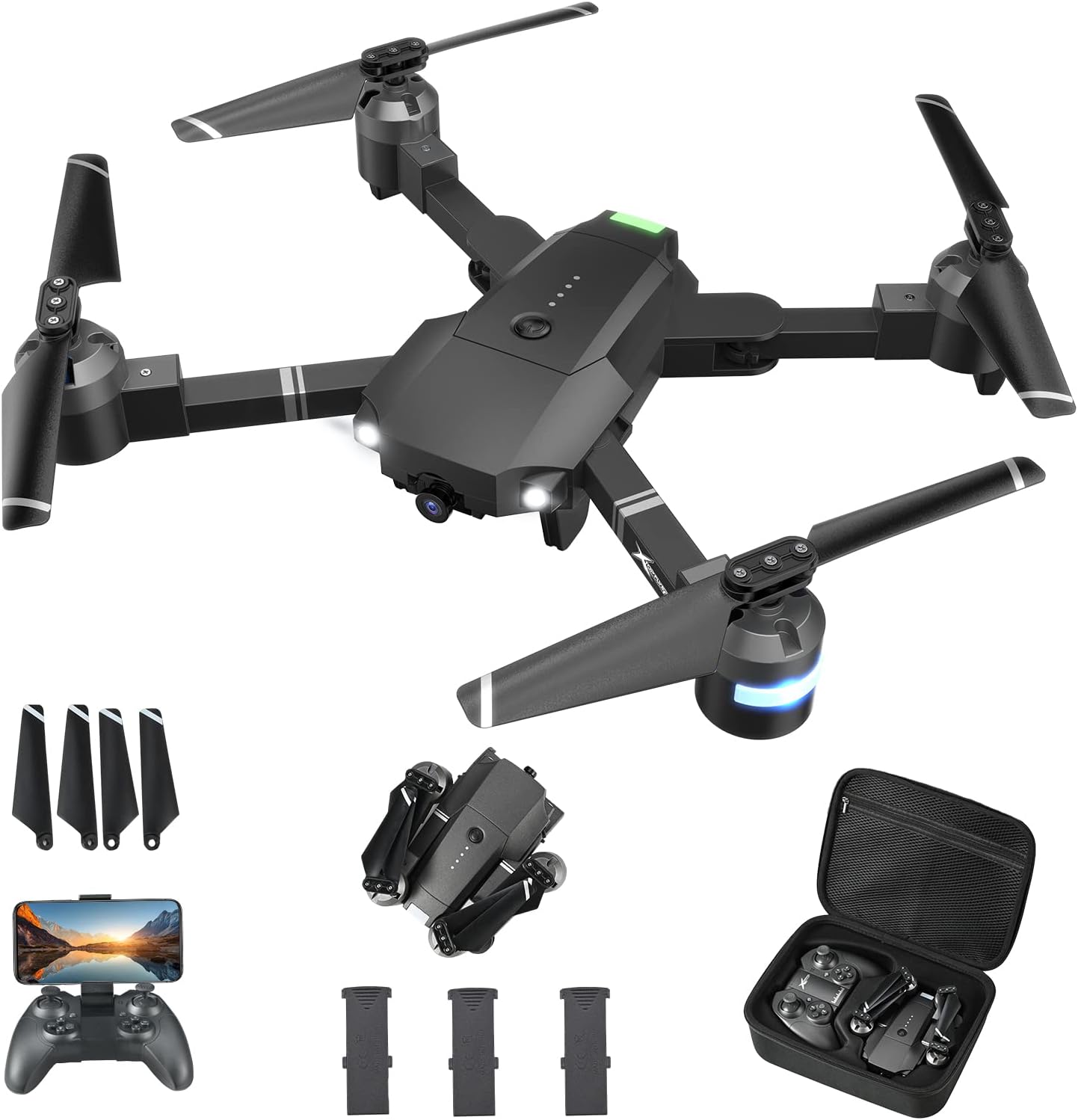 Foldable 1080P FPV Drone with 3 Batteries & Carrying Case X635