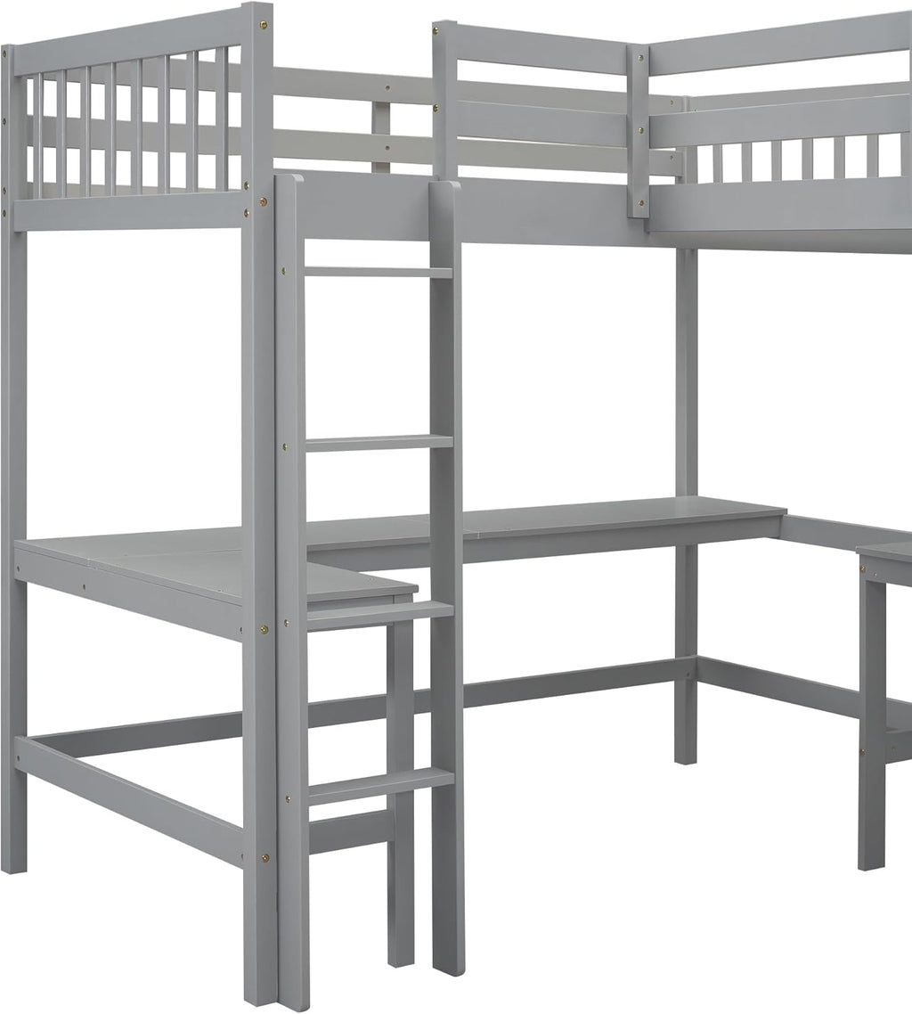 Gray Twin Size L-Shaped Loft Bed with Ladder and 2 Built-in Desks B656