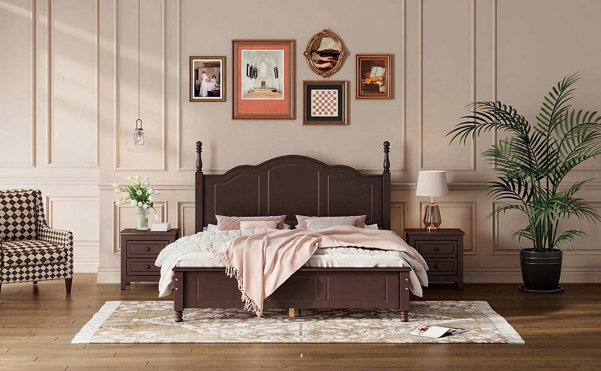 Dark Walnut Queen Size Wood Platform Bed Frame P858536