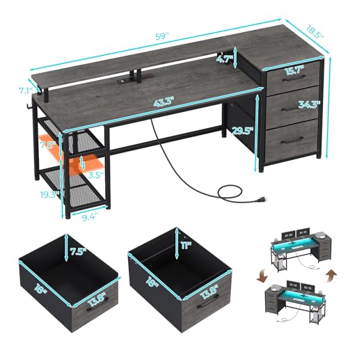 Black Office Desk with Drawers and LED Lights H43927