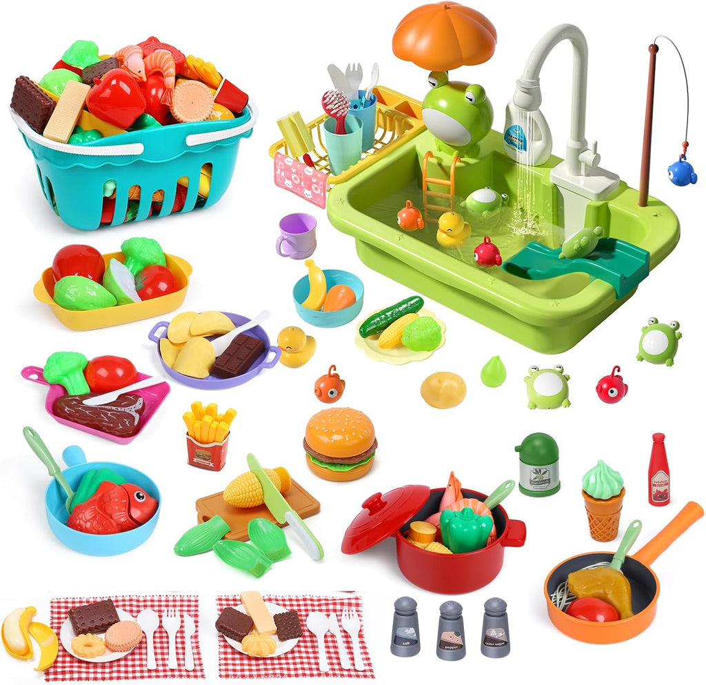 Play Sink with Running Water Electric Faucet Kitchen Sink Toys Pots and Pans Set with Play Food and Storage Basket Y40326