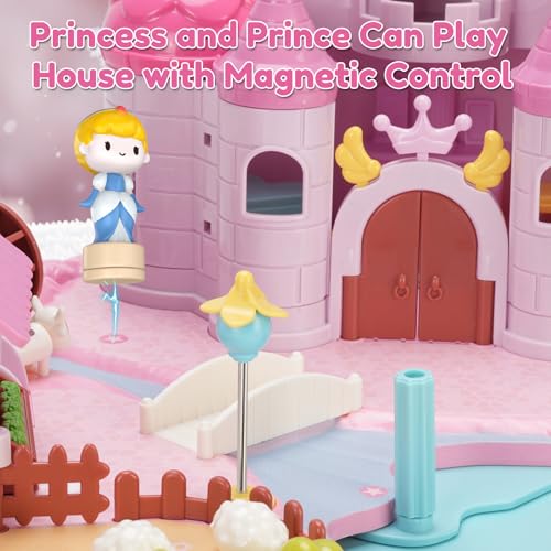 Castle Playset with 4 Magnetic Control Movable Toys, Magnetic Doll House Building Toys with Light & Music（Pink） I5163