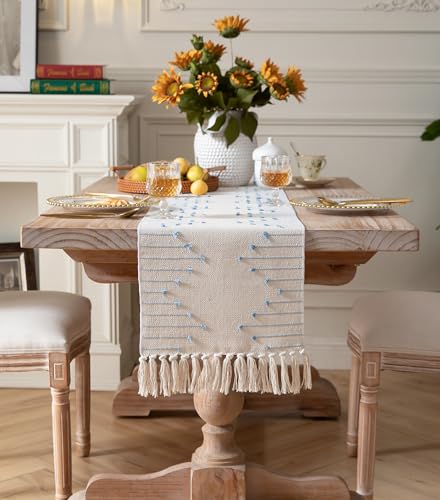 Natural Cotton Woven Table Runner with Tassels, Red and Beige X719890