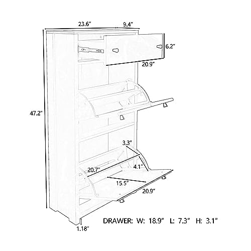 Black Narrow Shoes Cabinet with 2 Adjustable Shelves and Top Drawer O4892
