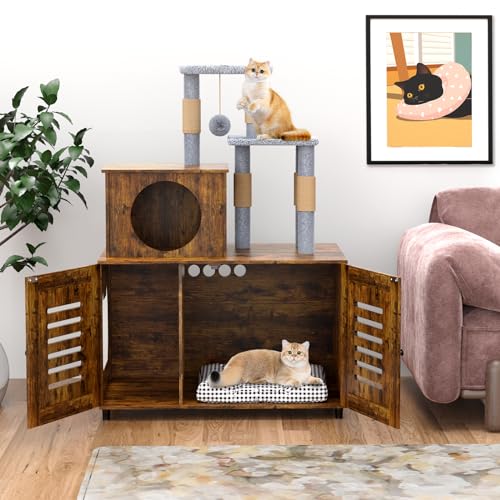White All-in-one Cat Cabinet with Litter Box Enclosure, Scratching Post, Plush Perch and Divider M6423
