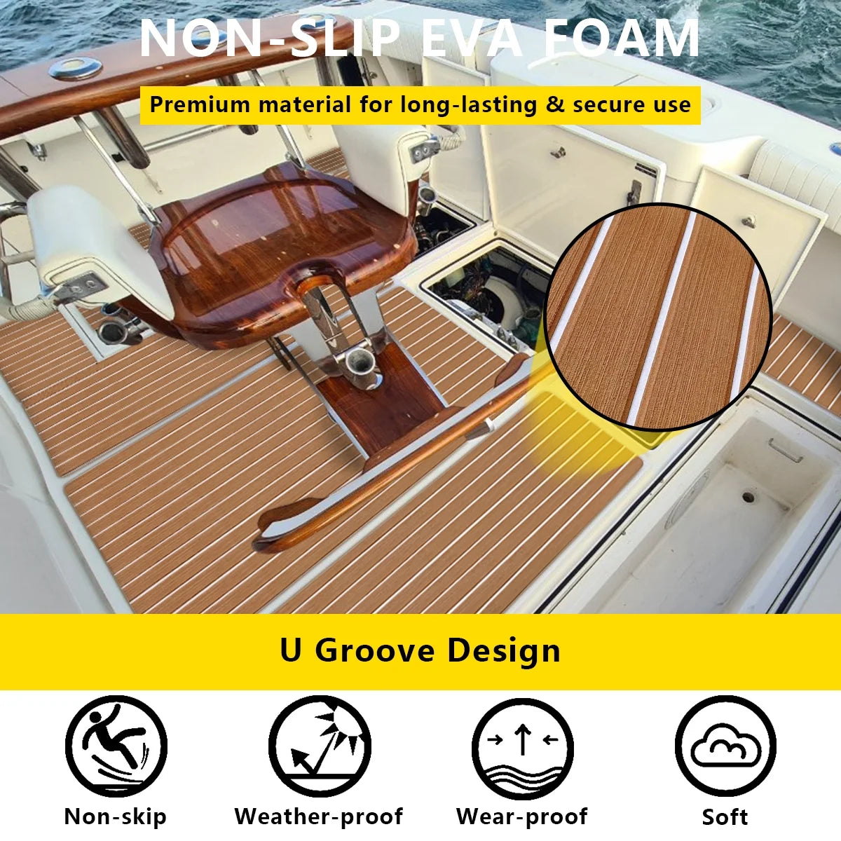 94"× 35" EVA Foam Faux Teak Decking Sheet Self-Adhesive Non-Skid Marine Flooring P2471
