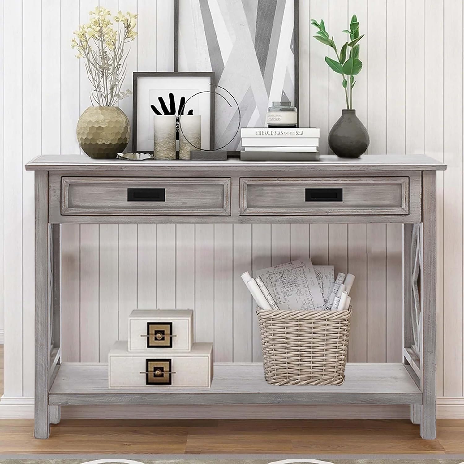 Whitewashed Wood Console Table with Drawers G199649