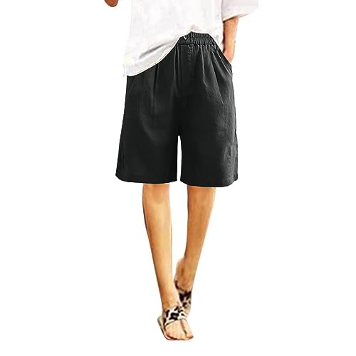 Women's Cotton Linen High Waisted Wide Leg Elastic Drawstring Shorts with Pockets T961844