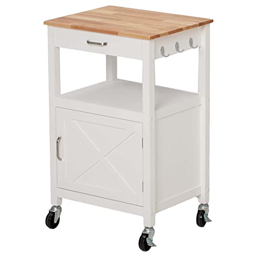 White Rolling Kitchen Island Cart with Storage, Barn Door and Drawer, 36” H K934