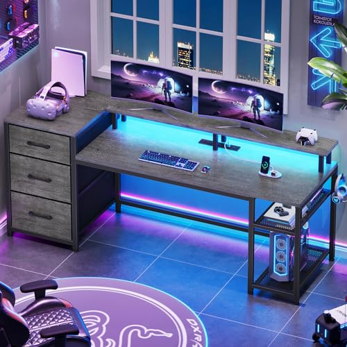 Black Office Desk with Drawers and LED Lights H43927