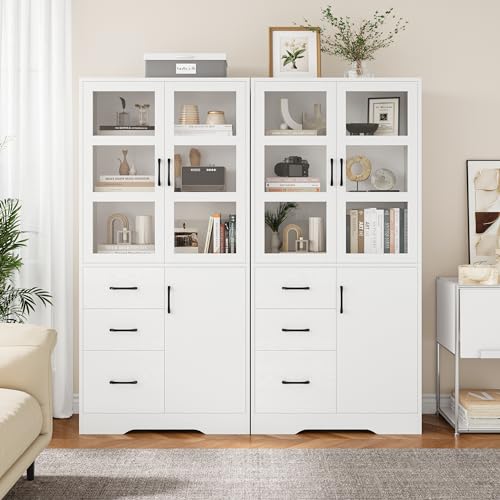 Black Tall Bookshelves with Glass Doors and 3 Drawers F901791