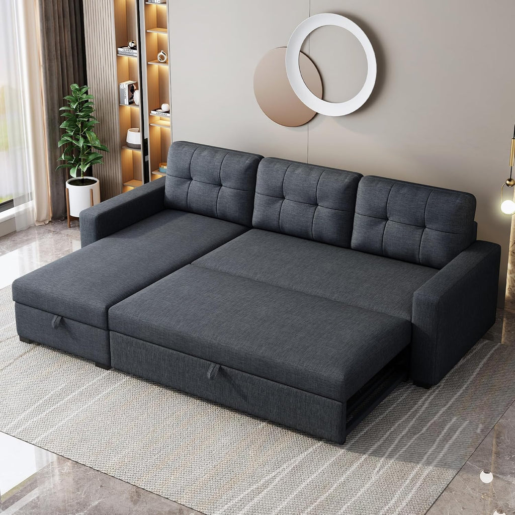 Dark Grey L Shaped Sleeper Sofa with Pull Out Bed and Storage M265