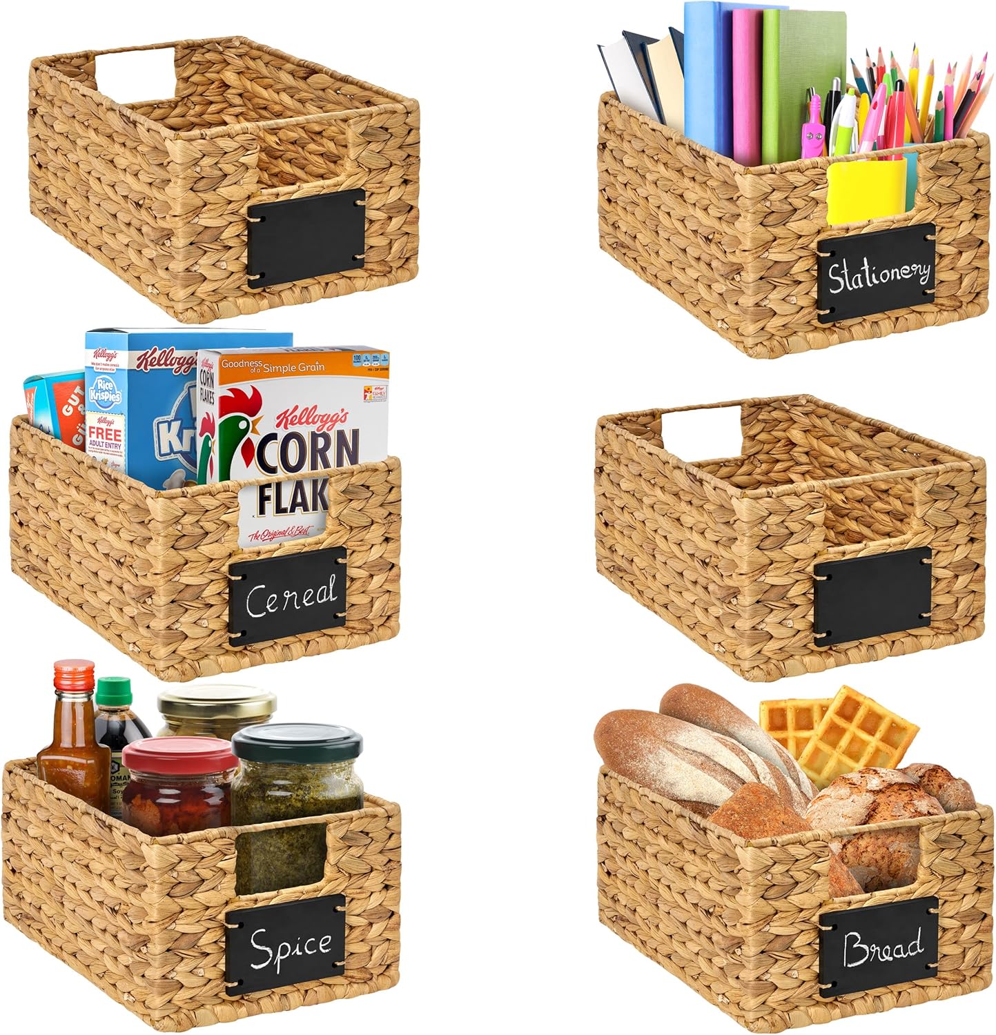 6 Pcs Natural Water Hyacinth Woven Storage Baskets with Handles J946806