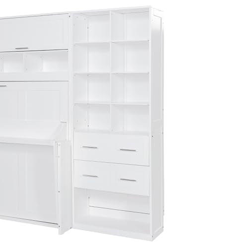 Gray Queen Size Murphy Bed with 5 Drawers and Storage Shelves Y4657