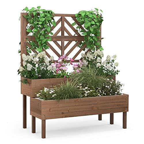 2-Tier Raised Wooden Garden Bed with Trellis X916419