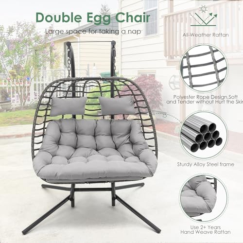 Double Egg Swing Chair with Stand, Hand Made Rattan Wicker, Metal Frame S854