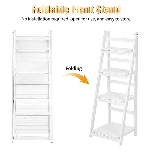 White Foldable Ladder Shelf Wood Plant Stand D35874