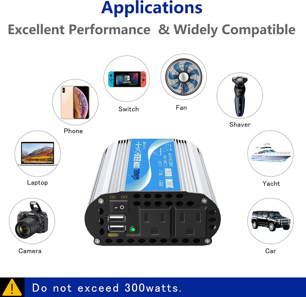 600W 12V DC to 110V 120V Pure Sine Wave Power Inverter with Remote Control Dual AC Outlets USB Port X3511
