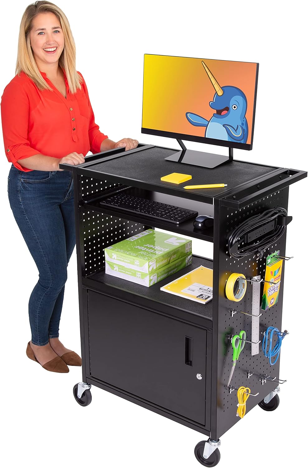 AV Cart with Pegboard Siding, 12 Hooks, Locking Cabinet, Pullout Keyboard Tray, Locking Wheels C50118