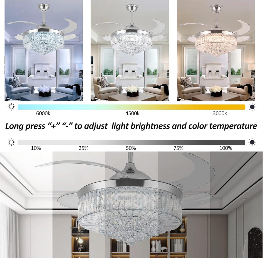 36 Inch Crystal Ceiling Fan with Lights, Remote Control Retractable Invisible Blades B9063