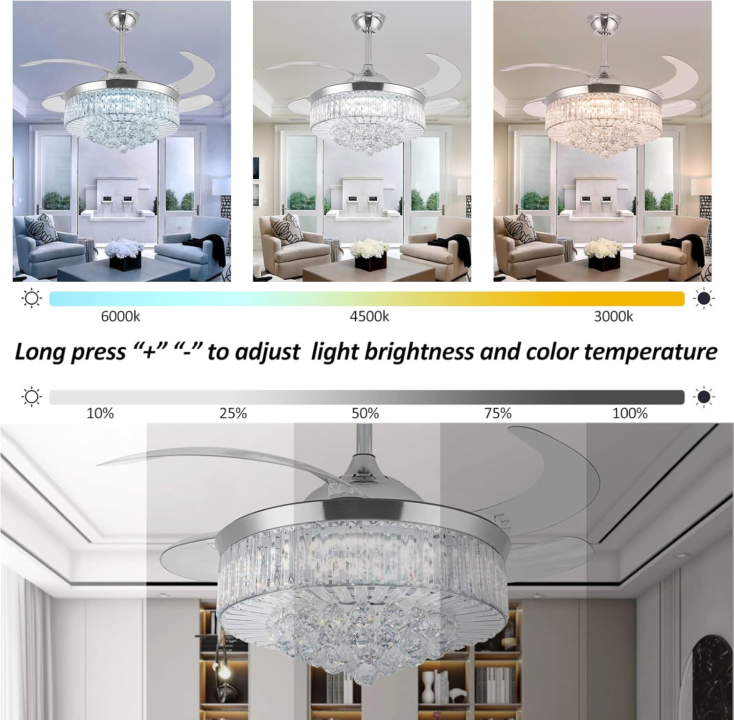 36 Inch Crystal Ceiling Fan with Lights, Remote Control Retractable Invisible Blades B9063