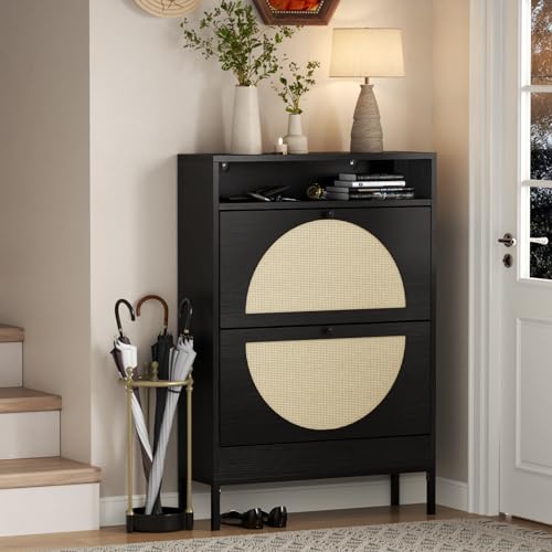 Black Rattan Shoe Cabinet with 2 Flip Drawers K5641