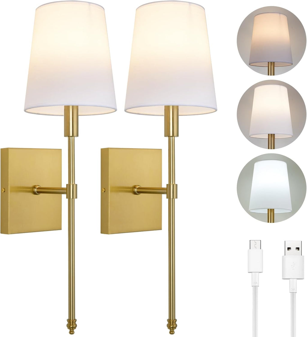 White Fabric Shade Set of 2 Battery Operated Wall Sconce Light with Remote Control Z375666