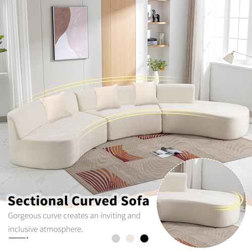 Beige Chenille Curved Sofa Sectional with Three Throw Pillows K671