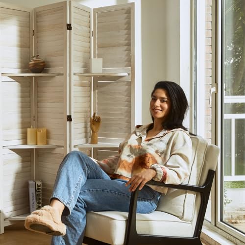6 Panels Brown Folding Wood Room Divider with Shelves R7795