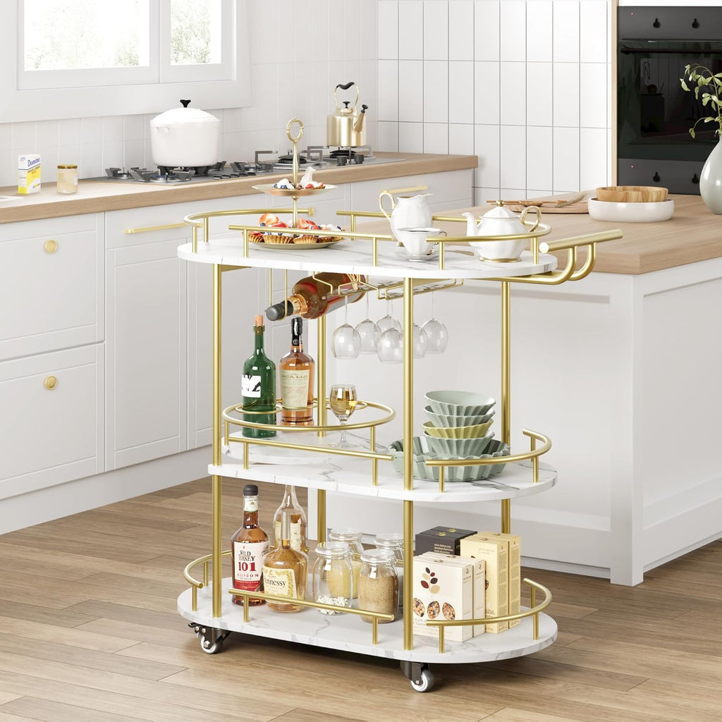 Gold 3 Tier Rotating Bar Cart with Wheels N514608