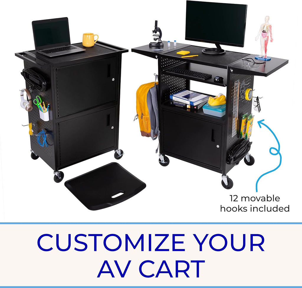 AV Cart with Pegboard Siding, 12 Hooks, Locking Cabinet, Pullout Keyboard Tray, Locking Wheels C50118