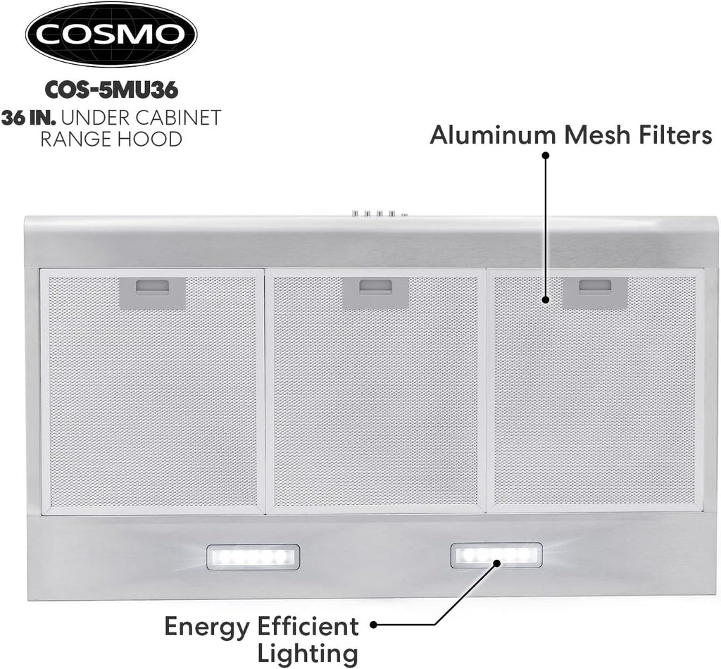 36 in. Under Cabinet Range Hood with 3 Speed Exhaust Fan, Reusable Filter and LED Lights in Stainless Steel X215828
