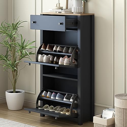 Black Narrow Shoes Cabinet with 2 Adjustable Shelves and Top Drawer O4892