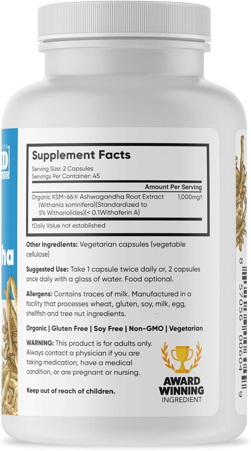 Organic Ashwagandha Root Extract, 1,000mg, 90 Capsules T4822