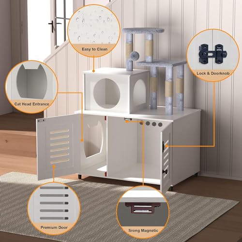 White All-in-one Cat Cabinet with Litter Box Enclosure, Scratching Post, Plush Perch and Divider M6423