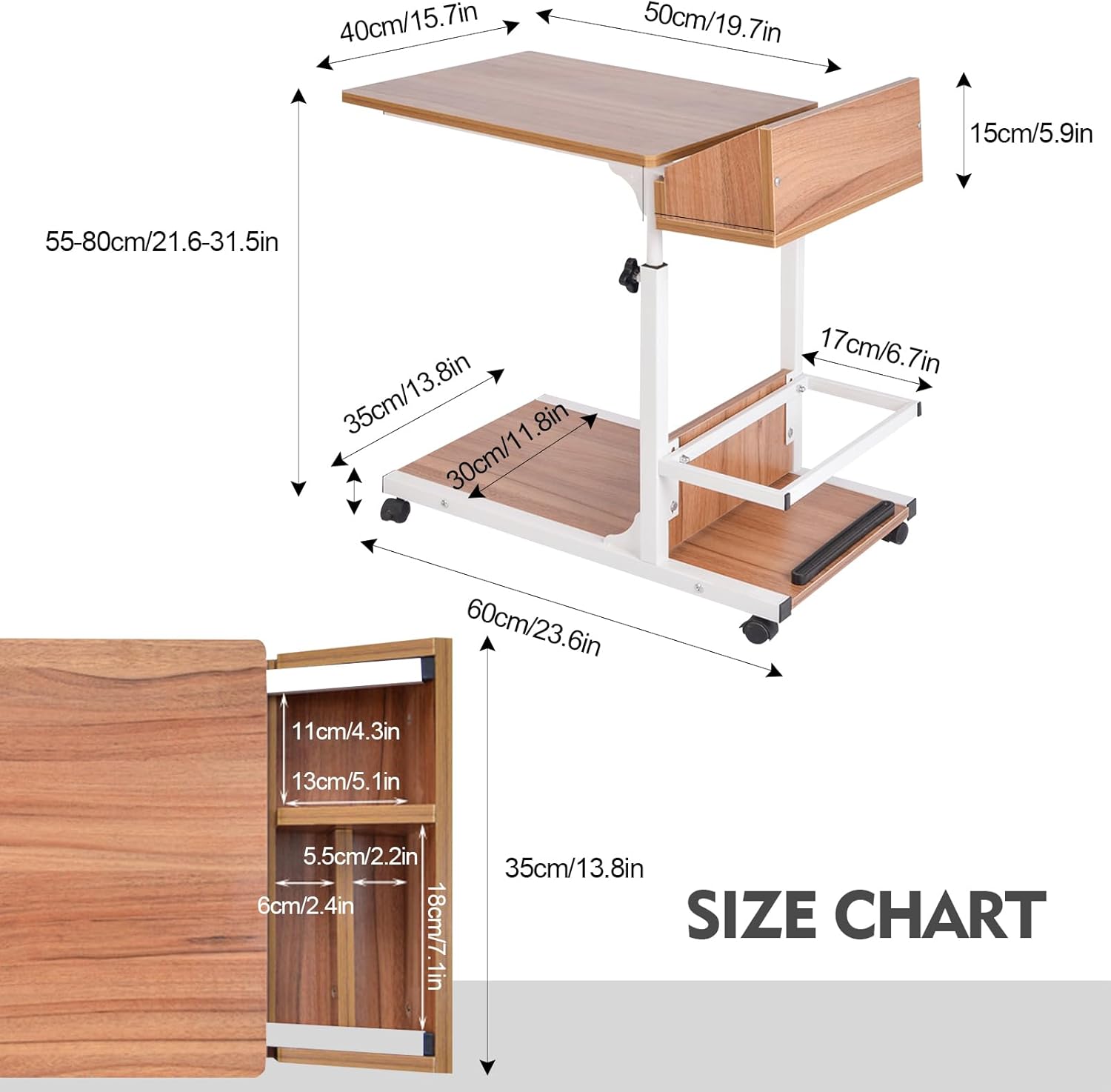 Over Bed Table with Drawer Adjustable Height and Wheels G861