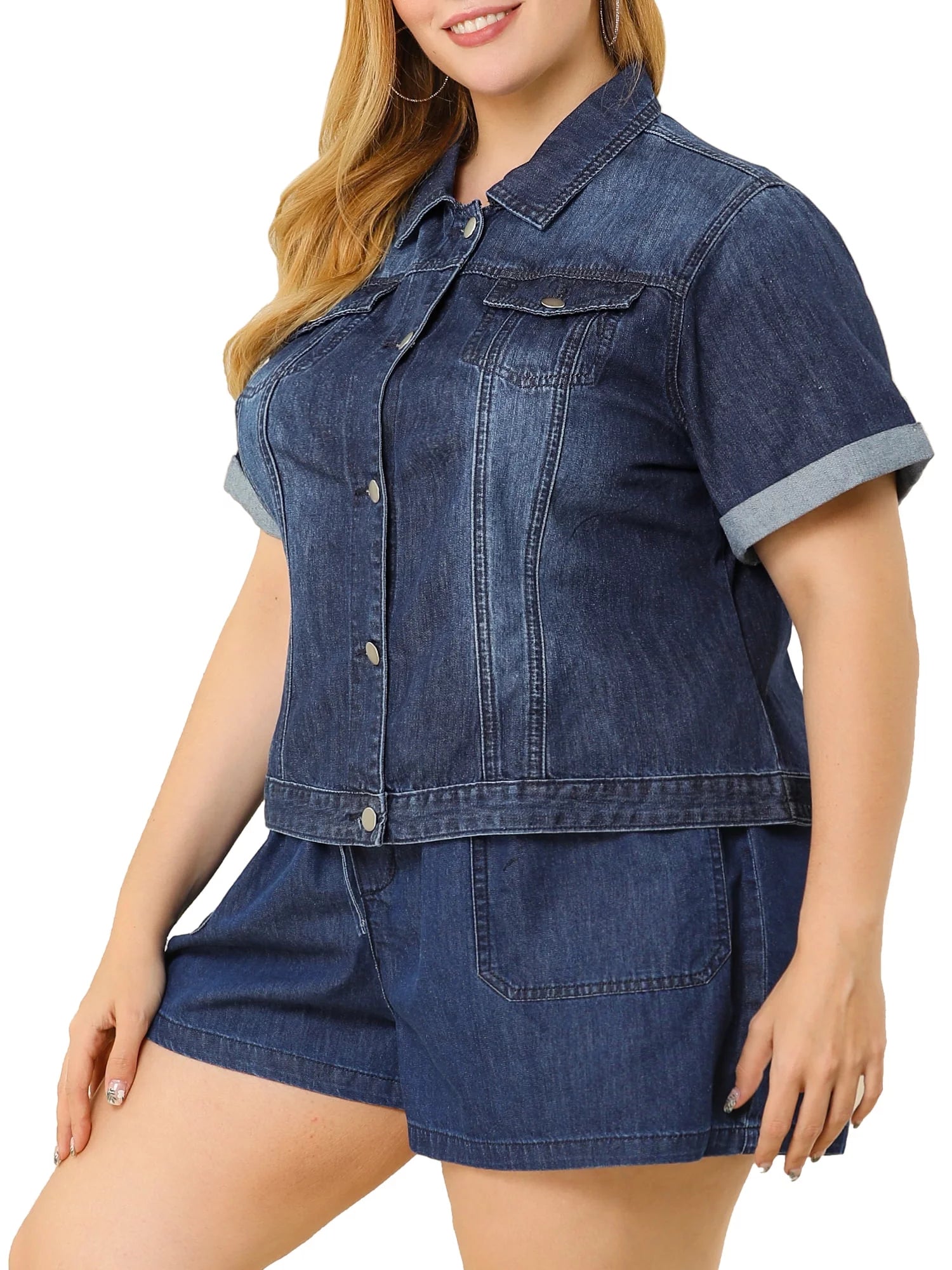 Juniors Plus Size Button Down Crop Denim Jacket Y5302