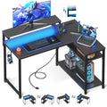 Black L Shaped Gaming Desk with Power Outlet, Height Adjustable Monitor Stand, LED Lights G390350