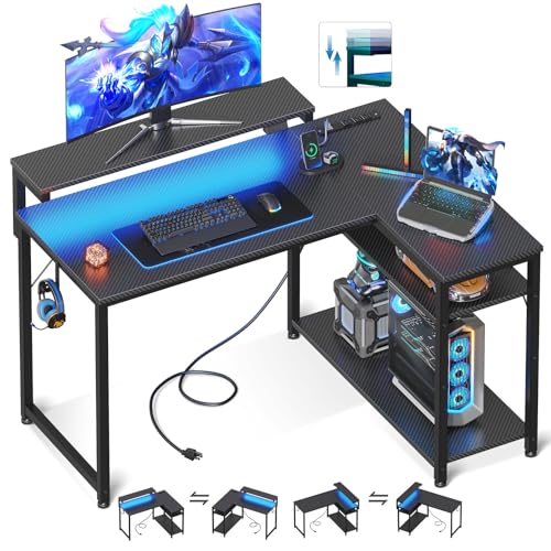 Black L Shaped Gaming Desk with Power Outlet, Height Adjustable Monitor Stand, LED Lights G390350