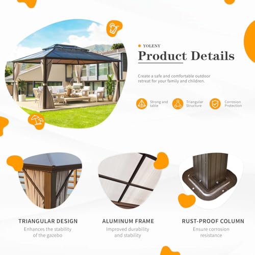 10'x13' Hardtop Gazebo with Curtains and Netting D653951