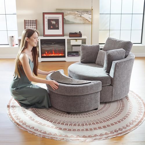 White Large Swivel Accent Barrel Chair with Ottoman S33878