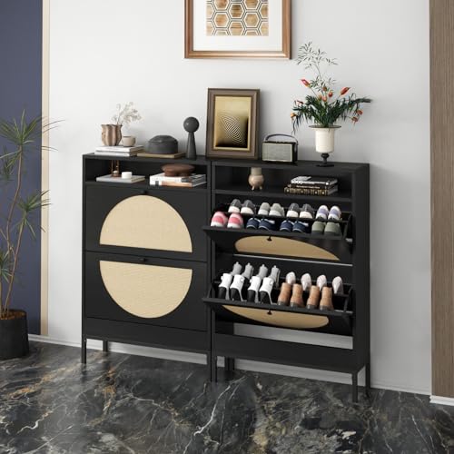Black Rattan Shoe Cabinet with 2 Flip Drawers K5641