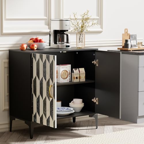 Black 2 Packs Sideboard with 4 Faux Marble Doors and Gold Handles, 27.6 X 15.75 X 31.5 Inches V781