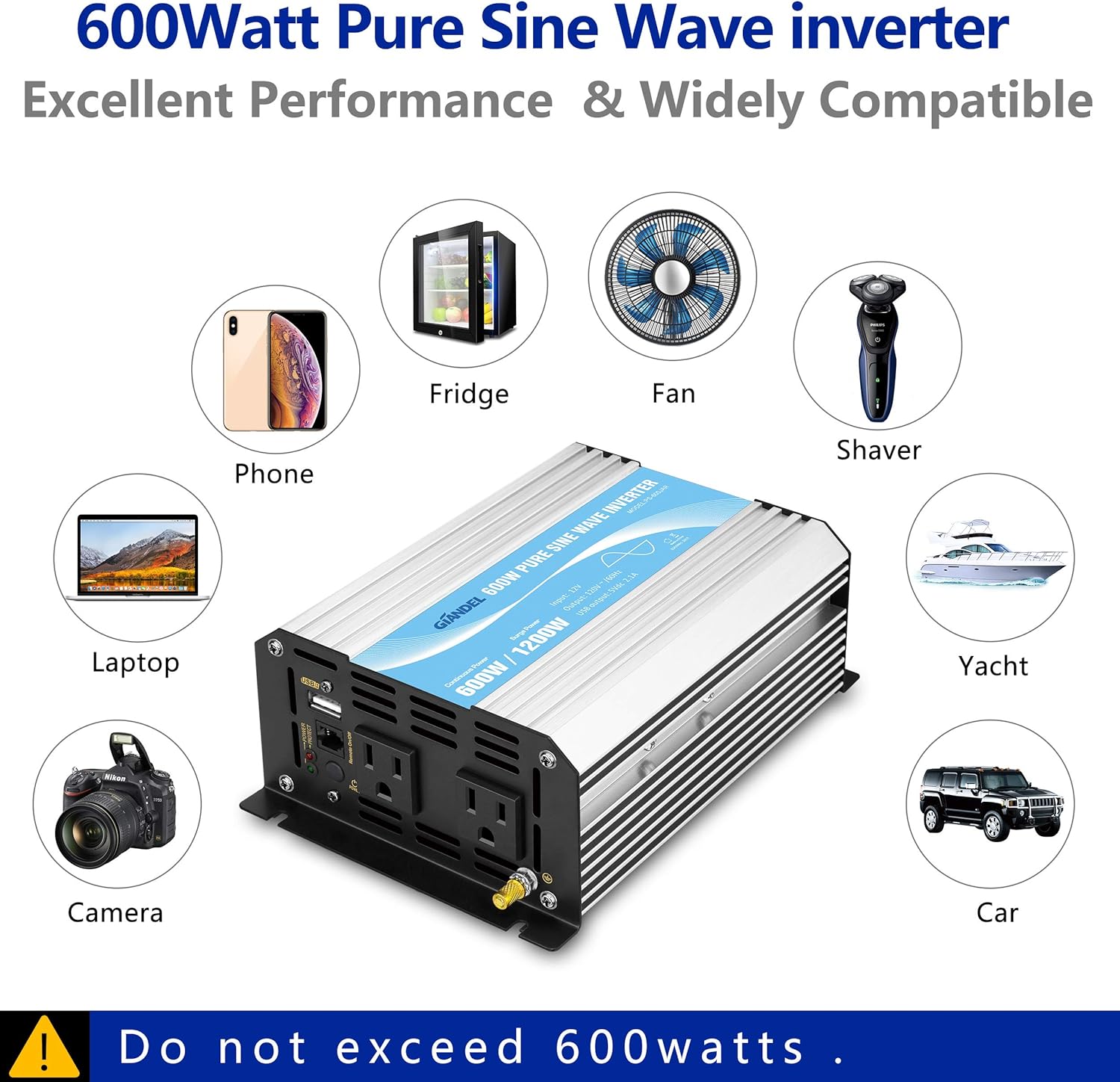 600W 12V DC to 110V 120V Pure Sine Wave Power Inverter with Remote Control Dual AC Outlets USB Port X3511